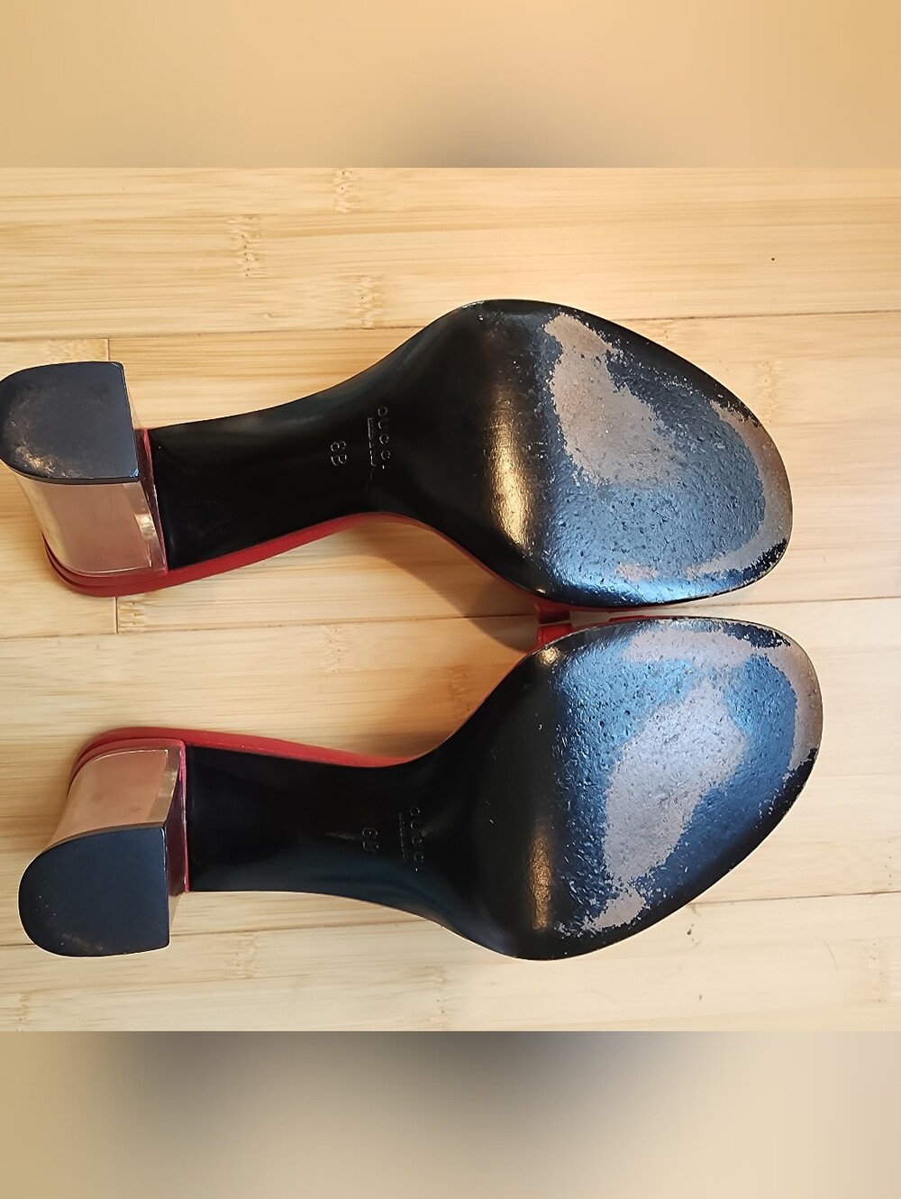Gucci Red Leather Slide Heels 3.5 In Heel  Clear Chunk Sz 6 - Picture 6 of 11